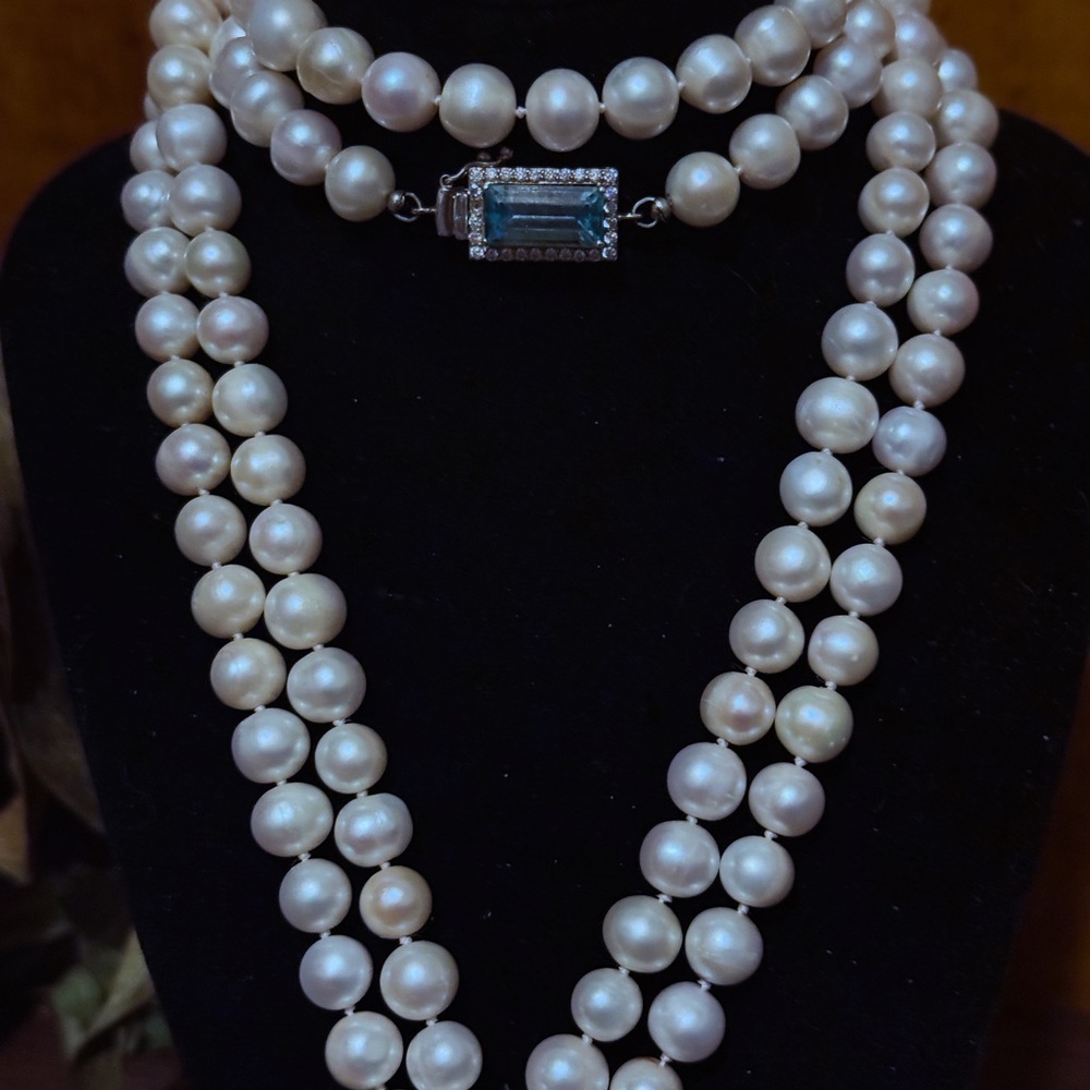 Custom Akoya Pearl Necklace with Blue Topaz and Diamond Clasp